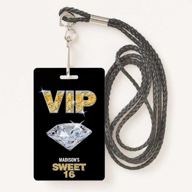 Sweet 16 Diamond Black Gold VIP Pass Ausweis (Vorderseite mit Schlüsselband)