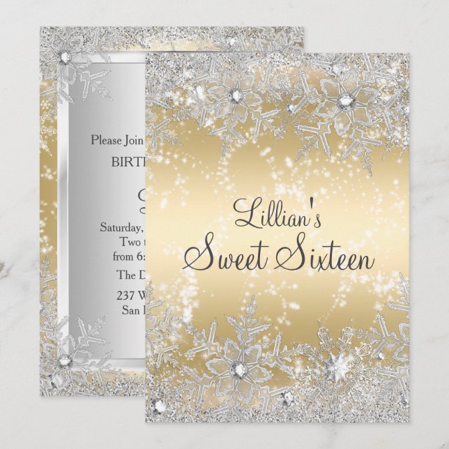 Sweet 16 Diamond Snowflake Gold Winter Wonderland Einladung (Vorne/Hinten)
