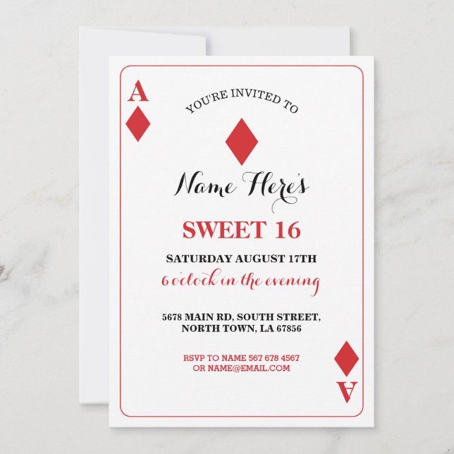 Sweet 16 Diamonds Playing Card Vegas Birthday Ace Einladung (Vorderseite)