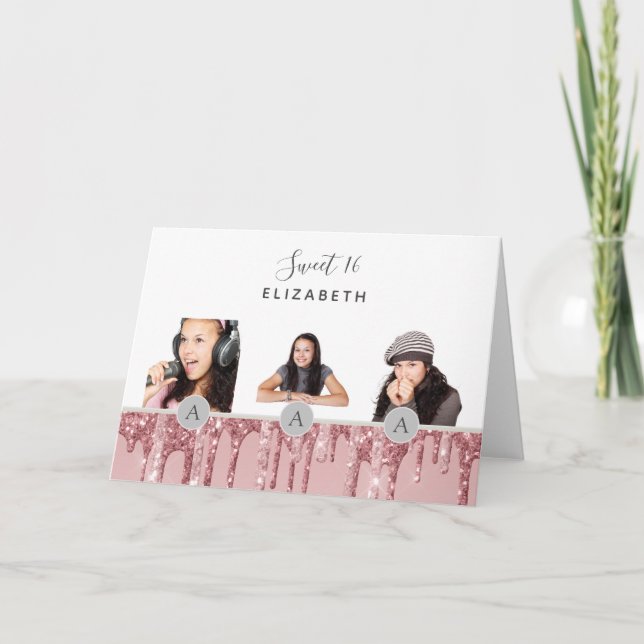 Sweet 16 Dripping Glitzer Rose Gold Pink FOTO Einladung (Vorderseite)
