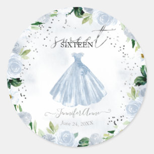 Sweet 16 Dusty Blue Floral Dress Runder Aufkleber