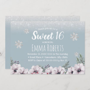 Sweet 16 Dusty Blue Winter Floral Schneeflocken Einladung