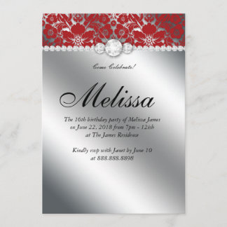 Sweet 16 Einladung BlumenDamast Rotes Silber