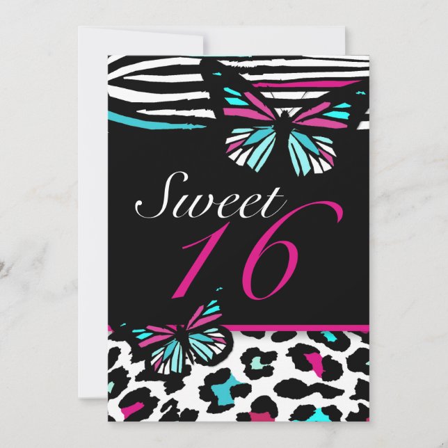 Sweet 16 Einladung Bright Butterfly & Zebra Print (Vorderseite)