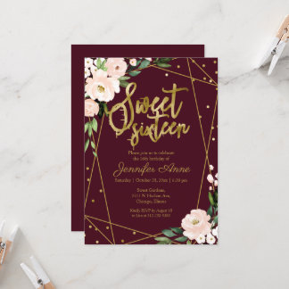 Sweet 16 Einladung Gold Burgundy Blush Bloral
