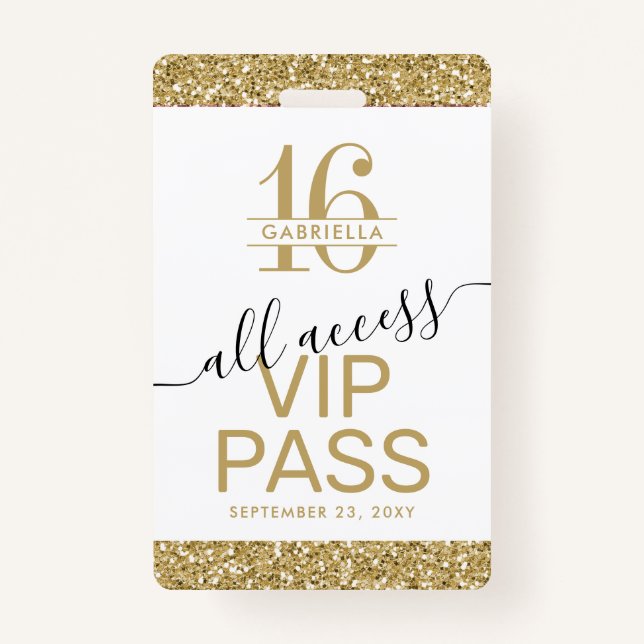 Sweet 16 Einladung VIP Pass Weiß und Gold Ausweis (Vorderseite)