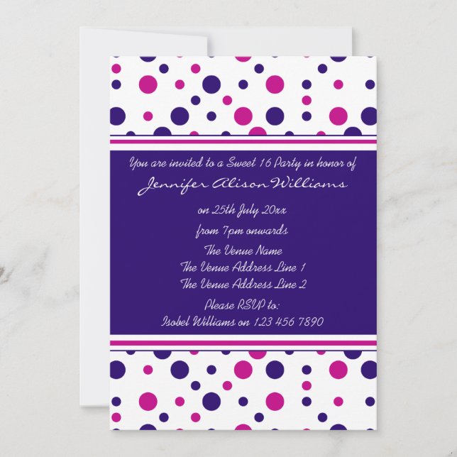 Sweet 16 Einladungen Rosa und Lila Polka-Punkte (Vorderseite)