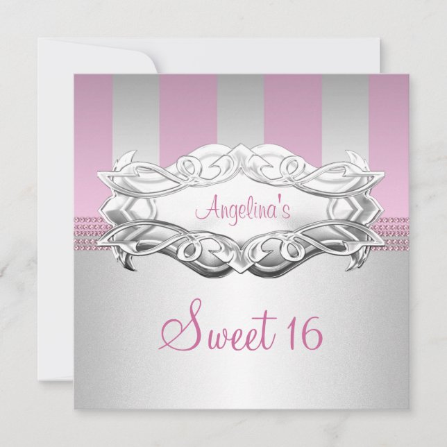 Sweet 16 Elegant White Pink Streifen Geburtstag Einladung (Vorderseite)