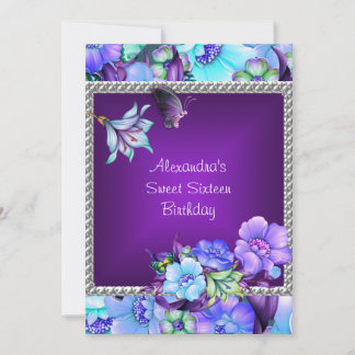 Sweet 16 Elegante Lila Silver Jewel Blume Einladung