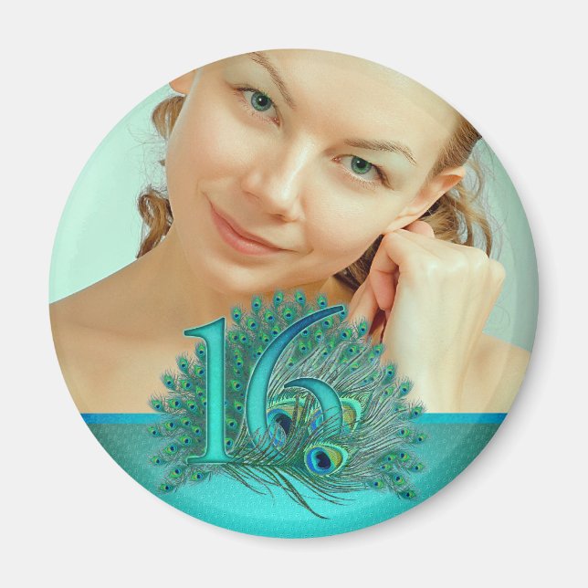 Sweet 16 elegante Pfauenfedervorlage Magnet (Vorne)