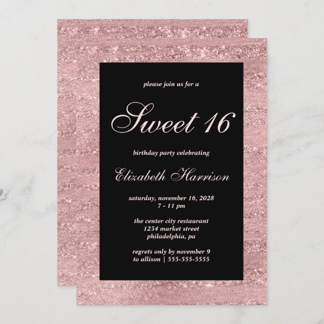 Sweet 16 Elegante Rose Gold Black Birthday Party Einladung (Vorne/Hinten)