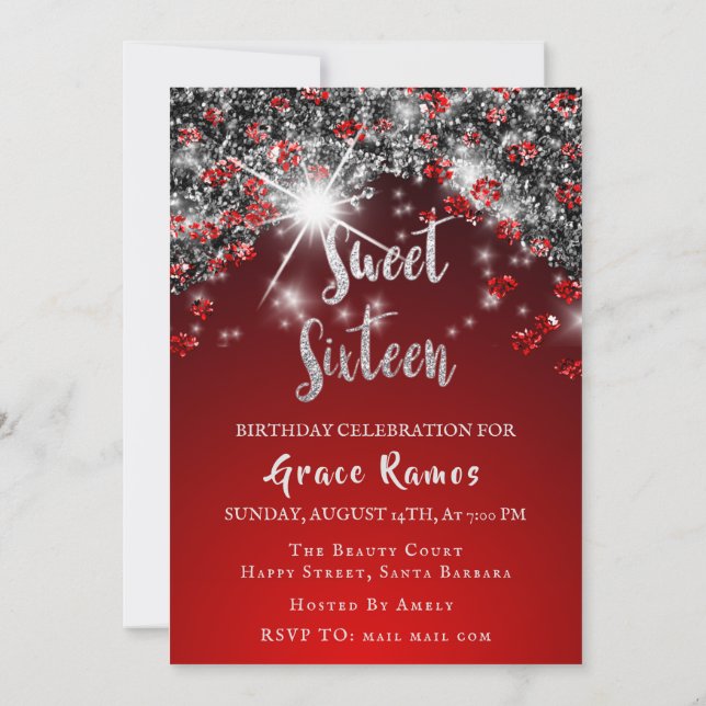 Sweet 16. Elisabeth Red Gray Silver Tropfens Foto Einladung (Rückseite)