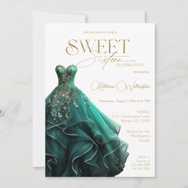 Sweet 16 Emerald Green Dress Gold Einladung (Vorderseite)