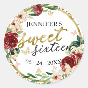 Sweet 16 Emerald Red Gold Floral Butterfly Runder Aufkleber