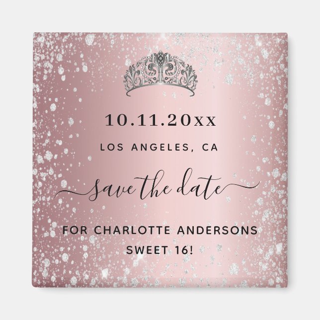 Sweet 16 errötet pink Glitzer Tiara Save the Date Magnet (Vorne)