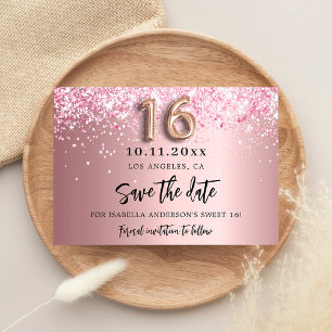 Sweet 16 errötete rosa Glitzer Save the Date Ankündigungspostkarte