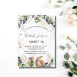 Sweet 16 eucalyptus grün Glitzer elegant Einladungspostkarte<br><div class="desc">Für eine süße 16, 16. Geburtstagsfeier. Weiß, mit Eukalyptusgrün und goldenen Blätter dekoriert. Golden Imitats Glitzer Spots. Personalisieren und fügen Sie Ihre Namen und Hochzeitsdetails. Schwarze und goldfarbene Buchstaben. Nummer 16 wird mit Schriftart im Ballonstil geschrieben. Zurück: weißer Hintergrund und goldene Imitate Glitzer Flecken, Postkartendesign. Tipp: Wenn Sie es nicht...</div>