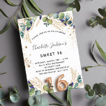 Sweet 16 eucalyptus grün Glitzer Luxus Einladung<br><div class="desc">Für eine süße 16,  16. Geburtstagsfeier. Weiß,  mit Eukalyptusgrün und goldenen Blätter dekoriert. Golden Imitats Glitzer Spots. Personalisieren und fügen Sie Ihre Namen und Hochzeitsdetails. Schwarze und goldfarbene Buchstaben. Nummer 16 wird mit Schriftart im Ballonstil geschrieben. Zurück: weißer Hintergrund und goldene Imitate Glitzer Flecken</div>