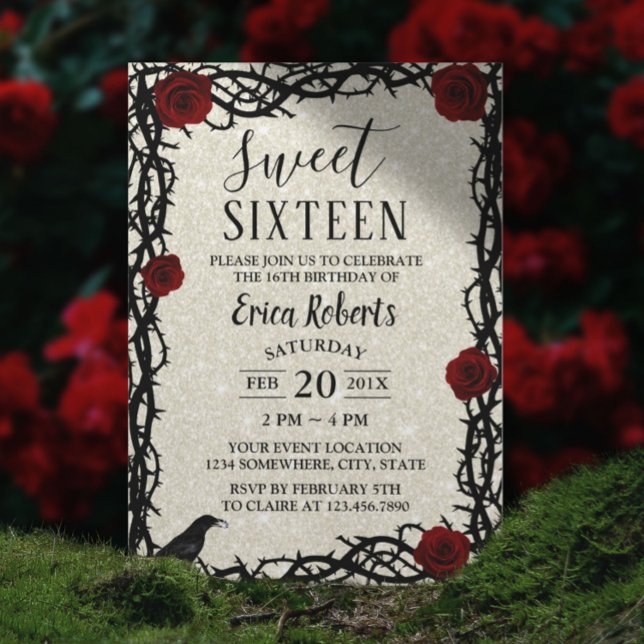 Sweet 16 Fairytale Rote Rose & Thorn Moderner Glit Einladung (Von Creator hochgeladen)