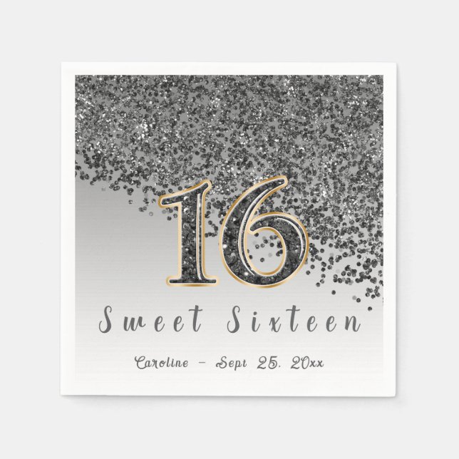Sweet 16 Falling Black Glitzer & Monogram Serviette (Vorderseite)