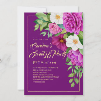 Sweet 16 farbenfrohe Floral Wasserfarbe Lila Einladung