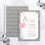Sweet 16 Flamingo Black & White Pink Gold Geburtst Einladung<br><div class="desc">Einzigartige und trendige 16 . Geburtstag-Geburtstagsfeier mit einem Aquarell-Rosa-Flamingo mit einer Goldkrone, mit einer goldfarbenen Blattgold, das auf einem schwarz-weißen Streifen-Hintergrund mit rosafarbenem Text hängt. Auf der Rückseite der Karte befinden sich schwarz-weiße Streifen mit goldenen Konfetti. Personalisieren Sie Ihre Party-Details in klassischer Schwarz-Rosa Schrift. Copyright Elegant Invites, alle Rechte vorbehalten....</div>