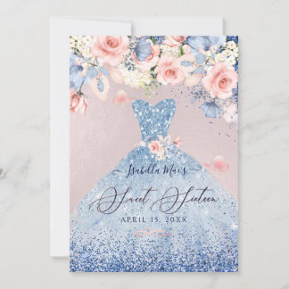 Sweet 16 Floral Dusty Blue Glitzer Gown Einladung