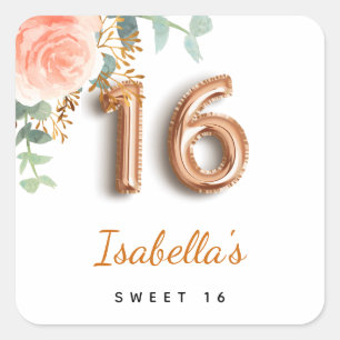 Sweet 16 floral Rose gold eucalyptus monogramm Quadratischer Aufkleber