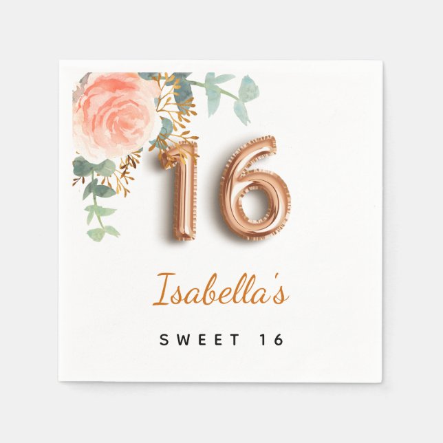 Sweet 16 floral Rose gold eucalyptus monogramm Serviette (Vorderseite)