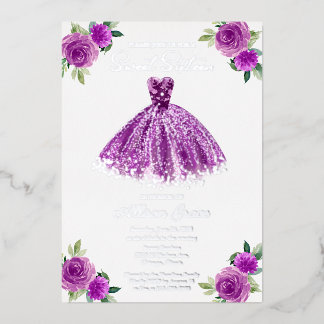 Sweet 16 Floral Wasserfarbe Lila Gown Silver Folieneinladung