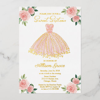 Sweet 16 Floral Watercolor Blush Pink Gold Folieneinladung
