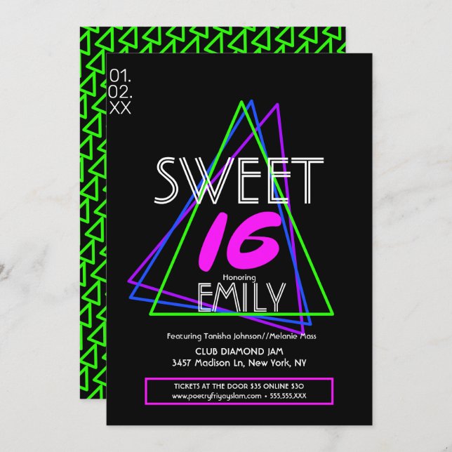 Sweet 16 Flyer Club Thema Geometrische Neon Einladung (Vorne/Hinten)