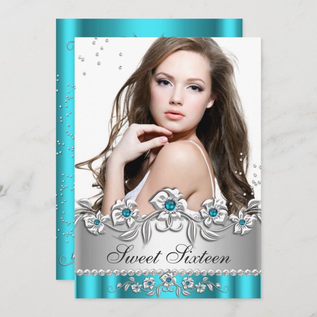 Sweet 16 Foto Aquamarin Blue Silver Diamond Jewel Einladung (Vorne/Hinten)