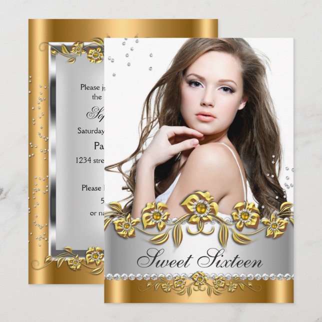 Sweet 16 Foto Bronze Gold Silver Diamond Jewel Einladung (Vorne/Hinten)