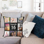 Sweet 16 Foto Collage Schwarz Silber Kissen<br><div class="desc">Ein einzigartiges Geschenk für den 16., 16. Geburtstag eines Mädchens, das ihr Leben mit einer Collage von 8 eigenen Fotos, Bildern feiert. Personalisieren und fügen Sie ihren Namen und ein Datum. Ein schicker schwarzer Hintergrund. Der Name ist mit einem modernen handgeschriebenen Stil Skript geschrieben, Nummer 16 mit einem Imitat silberne...</div>