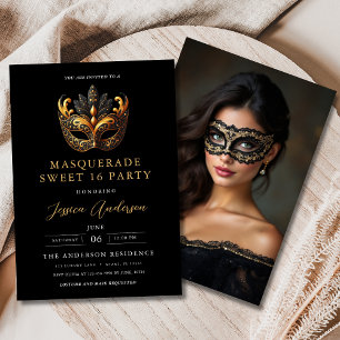 Sweet 16 Foto Geburtstag Schwarz Gold Maskerade  Einladung