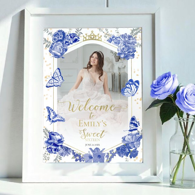Sweet 16 Foto Welcome Sign Butterfly Royal Blue Poster (Von Creator hochgeladen)
