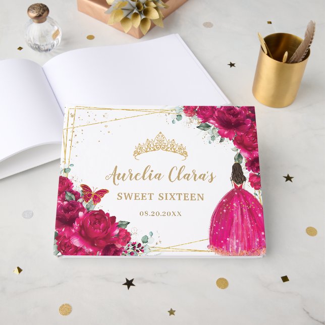 Sweet 16 Fuchsia Hot Pink Blume Prinzessin Gästebuch (Vorderseite Offen)