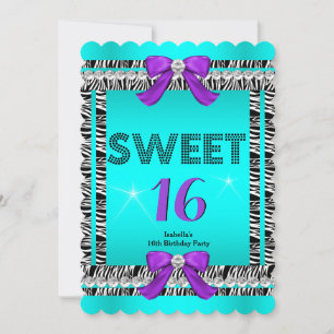 Sweet 16 Fun Party Zebra Aquamarin Blue Lila Bow 6 Einladung
