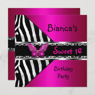 Sweet 16 Fushia Pink Silver Black Zebra Leopard Einladung