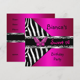 Sweet 16 Fushia Pink Silver Black Zebra Leopard Einladung