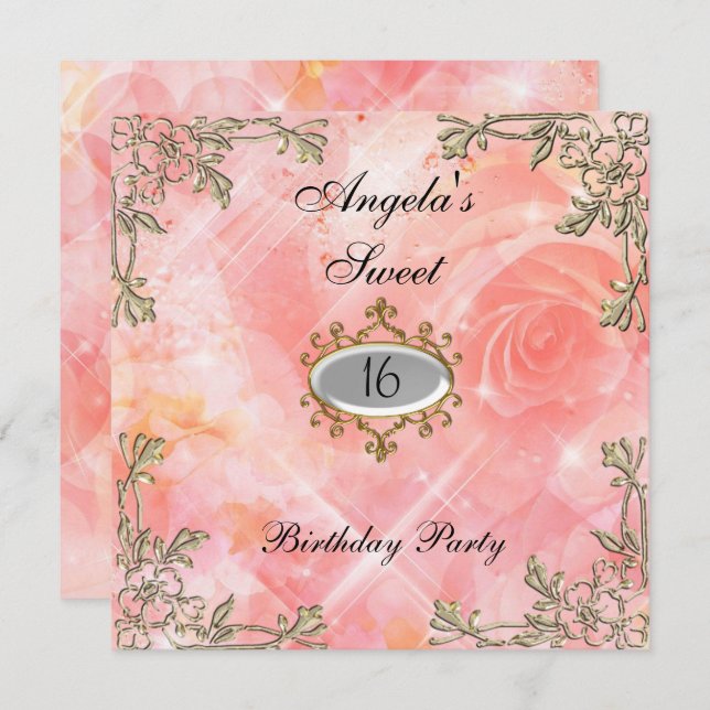 Sweet 16 Geburtstag Einladung Pink Blume (Vorne/Hinten)