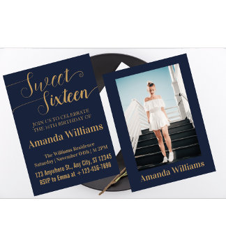 Sweet 16. Geburtstag Foto Blau und Gold Luxus Einladung