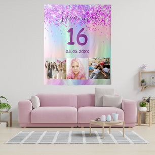 Sweet 16 Geburtstag lila rosa holografisches Foto Wandteppich
