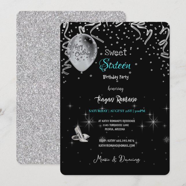 Sweet 16. Geburtstag Party Black & Turquoise Thema Einladung (Vorne/Hinten)