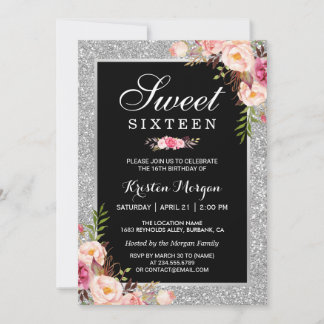 Sweet 16 Geburtstag | Pink Floral Silver Glitzer Einladung