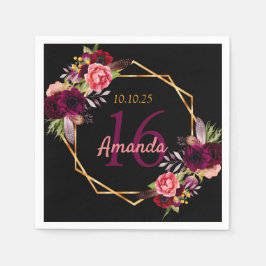 Sweet 16 Geburtstag schwarz goldbordeauxrot floral Serviette