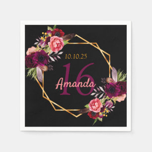 Sweet 16 Geburtstag schwarz goldbordeauxrot floral Serviette