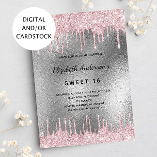 Sweet 16 Geburtstag silber Glitzer Tropfen Metall  Einladung