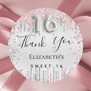 Sweet 16 Geburtstag silber pink Glitzer vielen Dan Runder Aufkleber